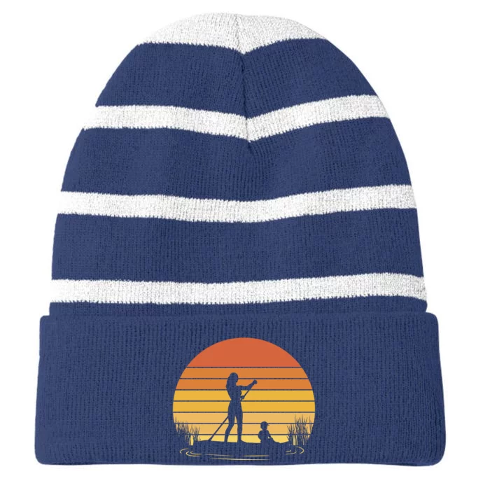 Paddle Surf Mother And Child Sunset Striped Beanie with Solid Band