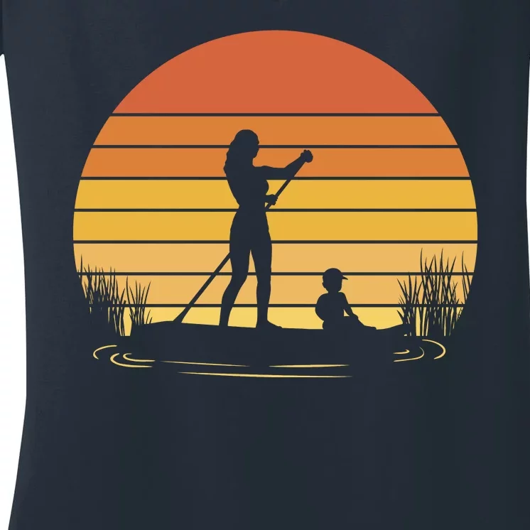 Paddle Surf Mother And Child Sunset Women's V-Neck T-Shirt