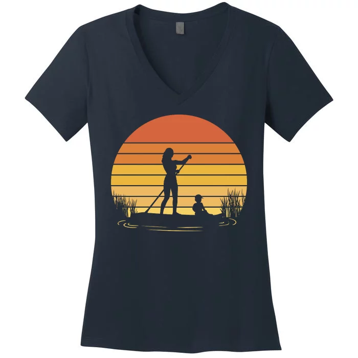 Paddle Surf Mother And Child Sunset Women's V-Neck T-Shirt