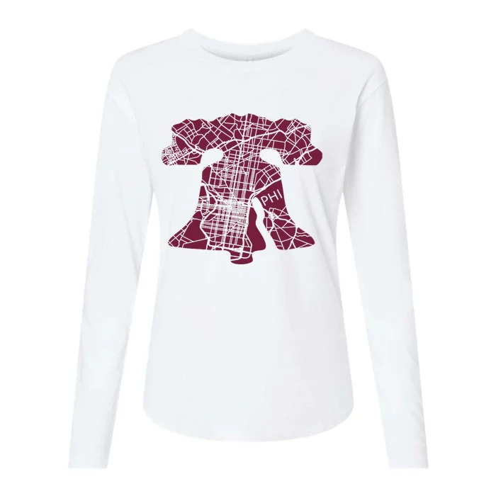 Philadelphia Street Map Liberty Bell Vintage Maroon Womens Cotton Relaxed Long Sleeve T-Shirt