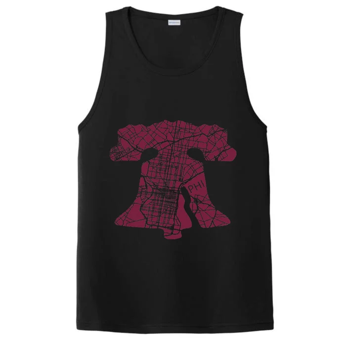 Philadelphia Street Map Liberty Bell Vintage Maroon Performance Tank