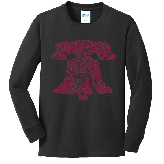 Philadelphia Street Map Liberty Bell Vintage Maroon Kids Long Sleeve Shirt