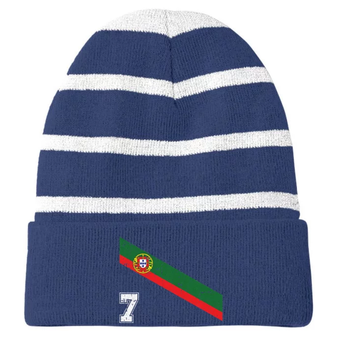 Portugal Soccer Number 7 Portugese Football Sports Lover Fan Striped Beanie with Solid Band