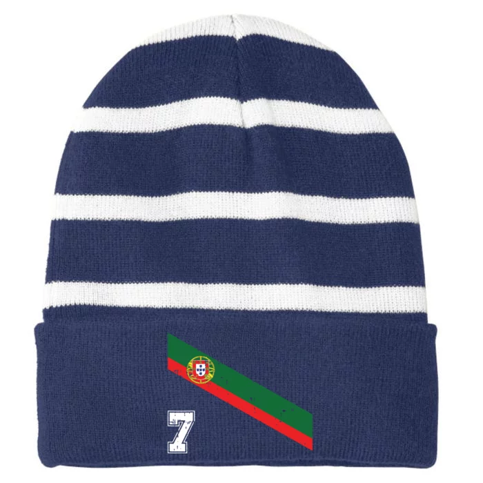 Portugal Soccer Number 7 Portugese Football Sports Lover Fan Striped Beanie with Solid Band