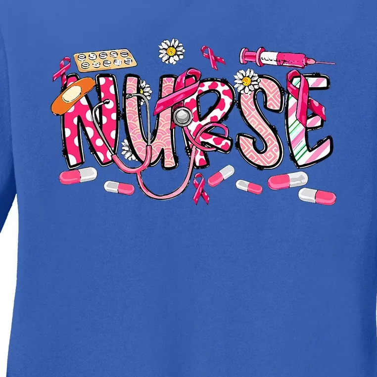 Pink Stethoscope Nurse Medical Breast Cancer Awareness Ladies Long Sleeve Shirt