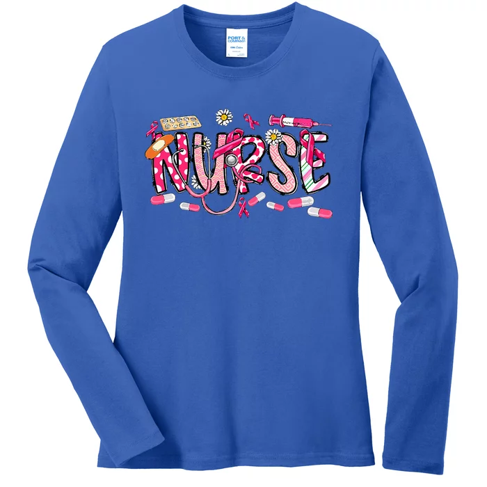 Pink Stethoscope Nurse Medical Breast Cancer Awareness Ladies Long Sleeve Shirt