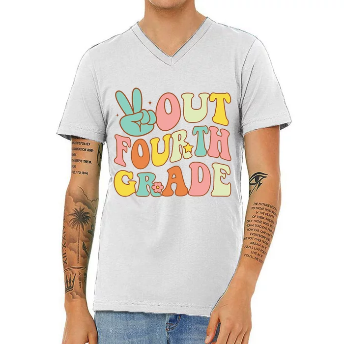 Peace Sign Out Fourth Grade Groovy Last Day School 4th Grade V-Neck T-Shirt