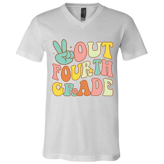 Peace Sign Out Fourth Grade Groovy Last Day School 4th Grade V-Neck T-Shirt