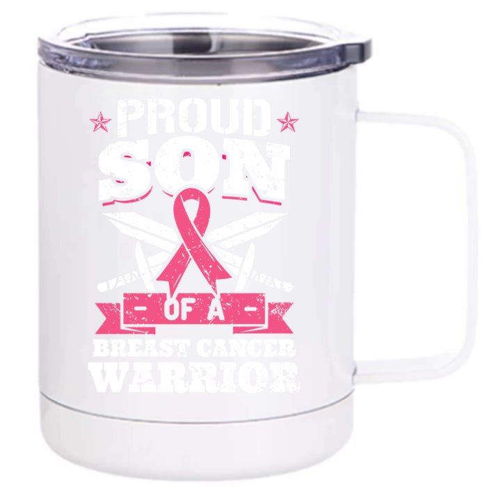 Proud Son Of Breast Cancer Warrior Pink Awareness Ribbon Gift Front & Back 12oz Stainless Steel Tumbler Cup