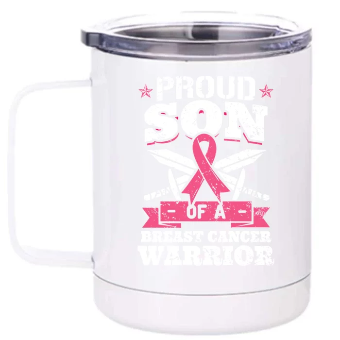 Proud Son Of Breast Cancer Warrior Pink Awareness Ribbon Gift Front & Back 12oz Stainless Steel Tumbler Cup