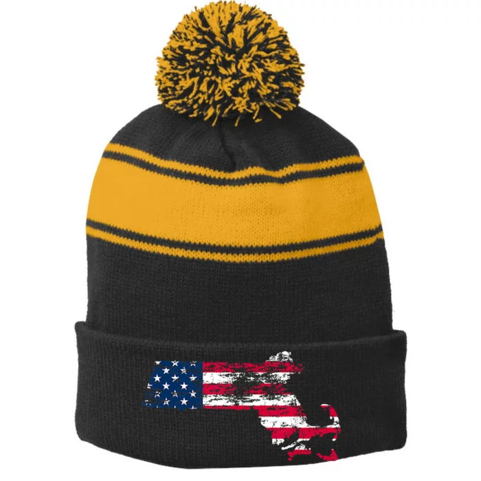 Patriotic State Of Massachusetts USA Flag Stripe Pom Pom Beanie