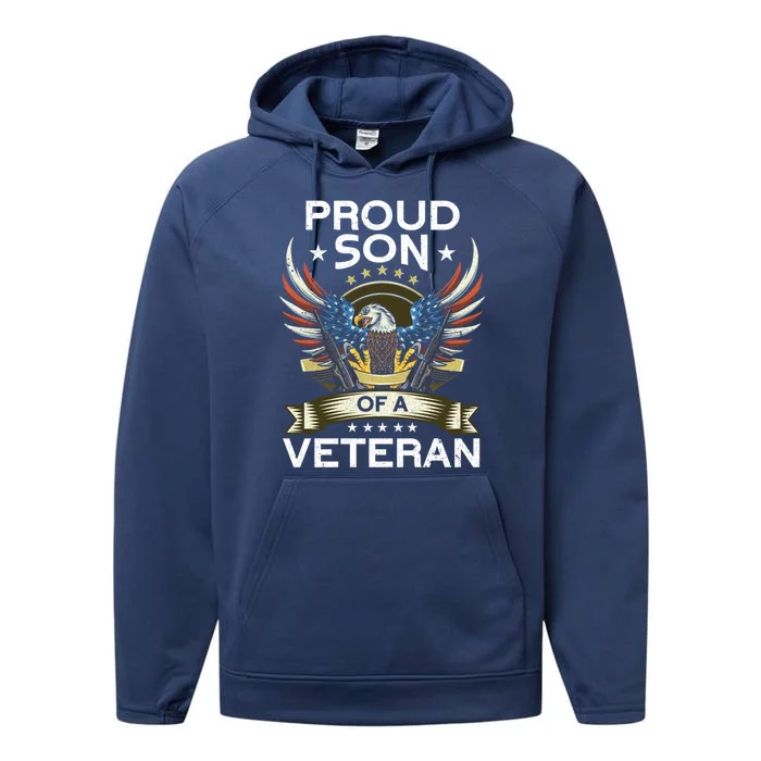 Proud Son Of A Veteran Usa Flag Proud American Veteran Son Meaningful Gift Performance Fleece Hoodie