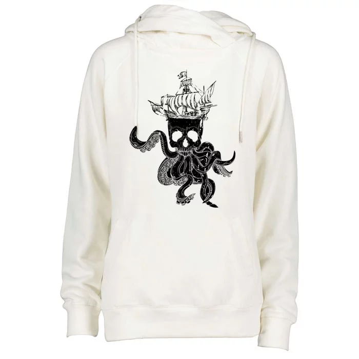 Pirate Ship Octopus Buccaneer Crossed Bones Freebooter Skull Gift Womens Funnel Neck Pullover Hood