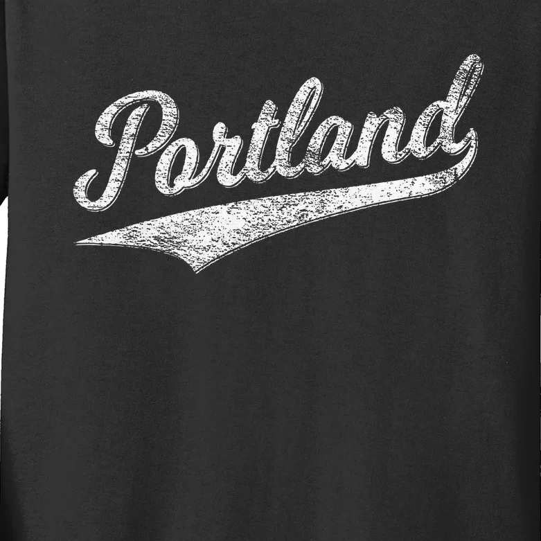 Portland State Of Oregon Baseball Script Flag Swoosh Kids Long Sleeve Shirt