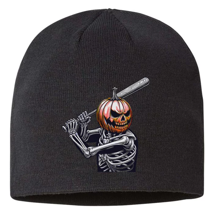 Pumpkin Skeleton Playing Baseball Player Halloween 8 1/2in Sustainable Knit Beanie