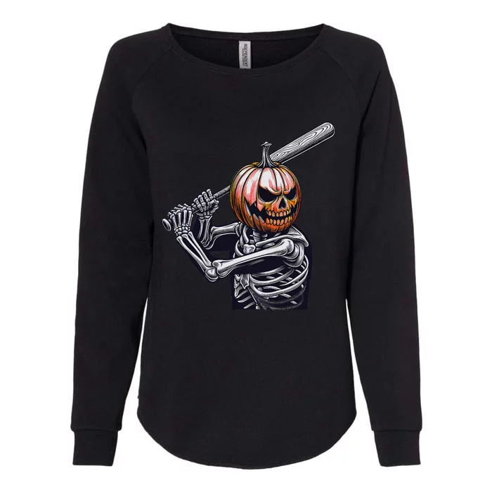 Pumpkin Skeleton Playing Baseball Player Halloween Womens California Wash Sweatshirt