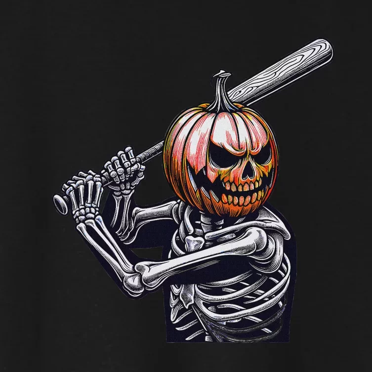 Pumpkin Skeleton Playing Baseball Player Halloween Women's Crop Top Tee