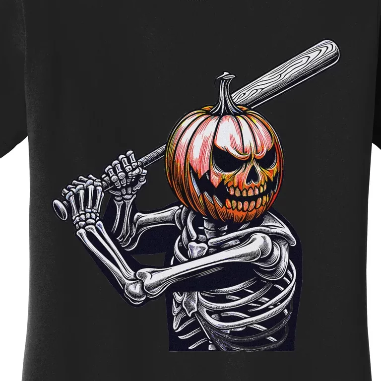 Pumpkin Skeleton Playing Baseball Player Halloween Women's T-Shirt