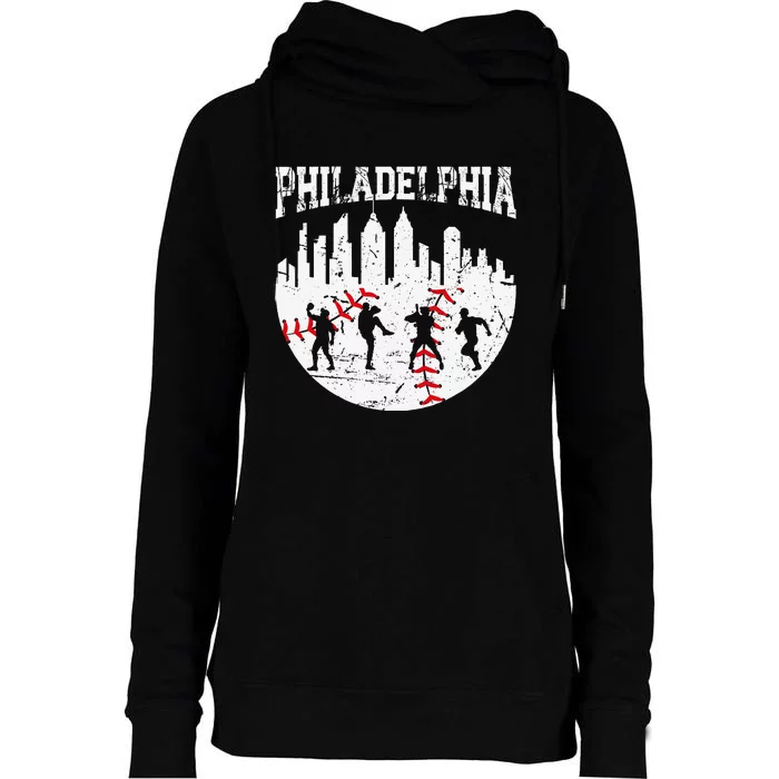 Philadelphia Skyline P.H.I.L.L.Y Cityscape Baseball Fans Womens Funnel Neck Pullover Hood