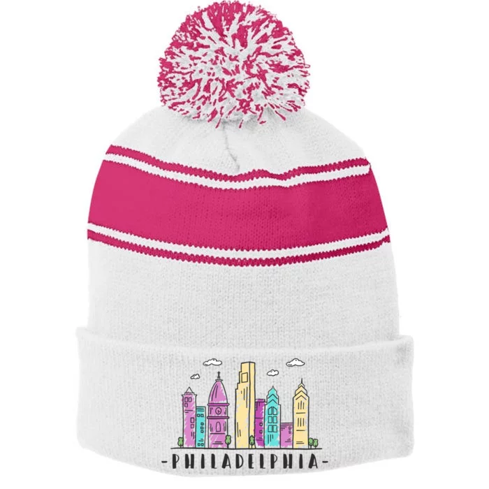 Philadelphia Skyline Pennsylvania Souvenir Gift Stripe Pom Pom Beanie