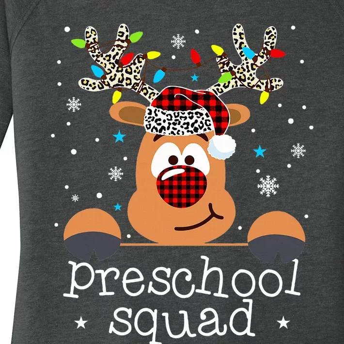 Preschool Squad Plaid Reindeer Santa Hat Teacher Christmas Women's Perfect Tri Tunic Long Sleeve Shirt