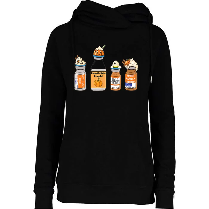 Pumpkin Spice Propofol Ativan Versed Haldol Nurse Halloween Womens Funnel Neck Pullover Hood