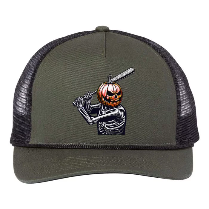 Pumpkin Skeleton Playing Baseball Player Halloween Retro Rope Trucker Hat Cap