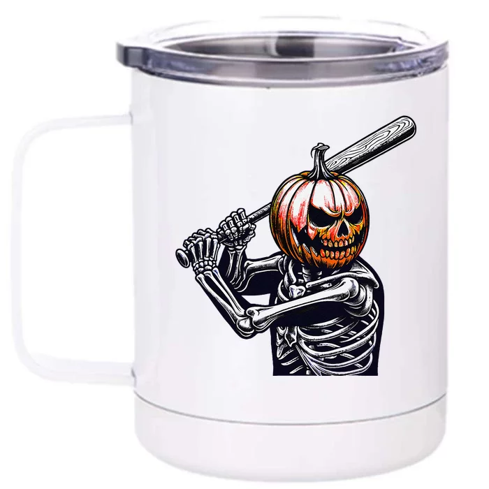 Pumpkin Skeleton Playing Baseball Player Halloween Front & Back 12oz Stainless Steel Tumbler Cup