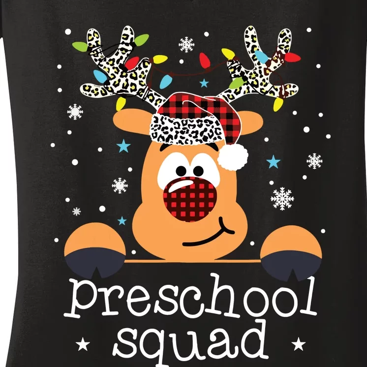 Preschool Squad Plaid Reindeer Santa Hat Teacher Christmas Women's V-Neck T-Shirt