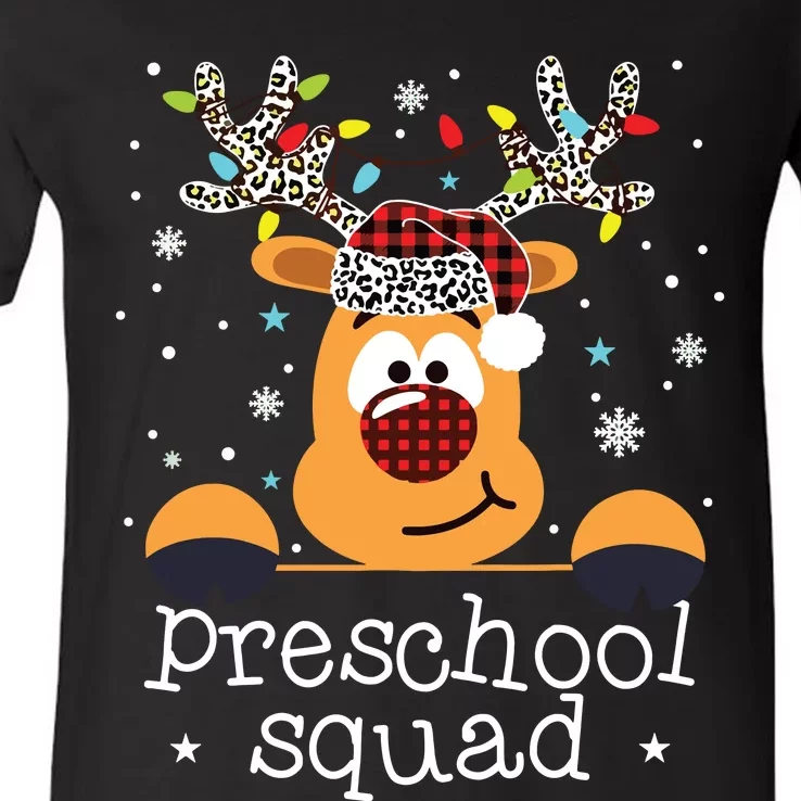 Preschool Squad Plaid Reindeer Santa Hat Teacher Christmas V-Neck T-Shirt