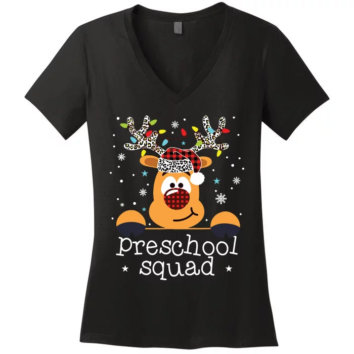 Preschool Squad Plaid Reindeer Santa Hat Teacher Christmas Women's V-Neck T-Shirt