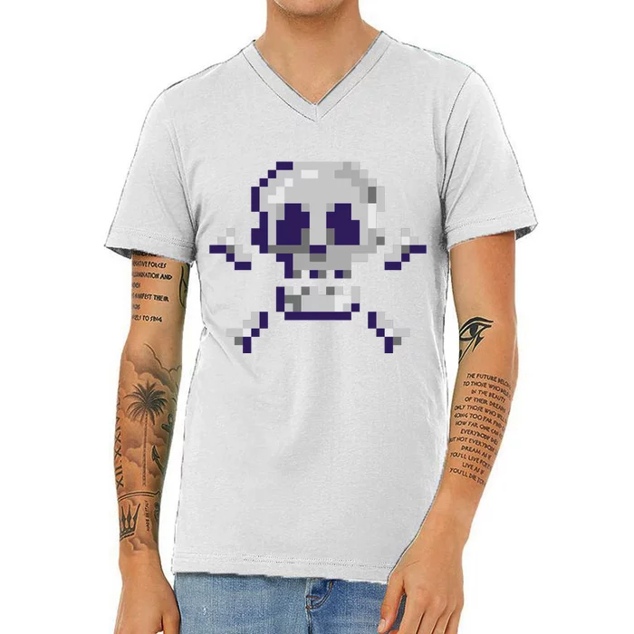 Pixelated Skull V-Neck T-Shirt