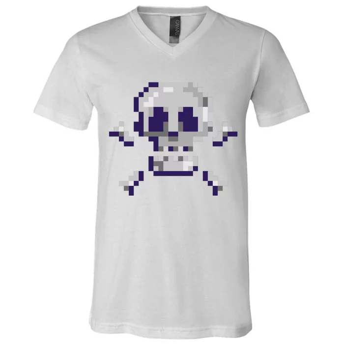 Pixelated Skull V-Neck T-Shirt