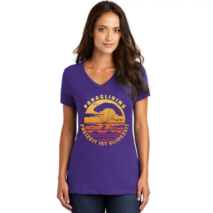 Paraglider Silhouette Retro Sunset Women's V-Neck T-Shirt