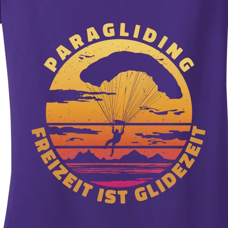 Paraglider Silhouette Retro Sunset Women's V-Neck T-Shirt