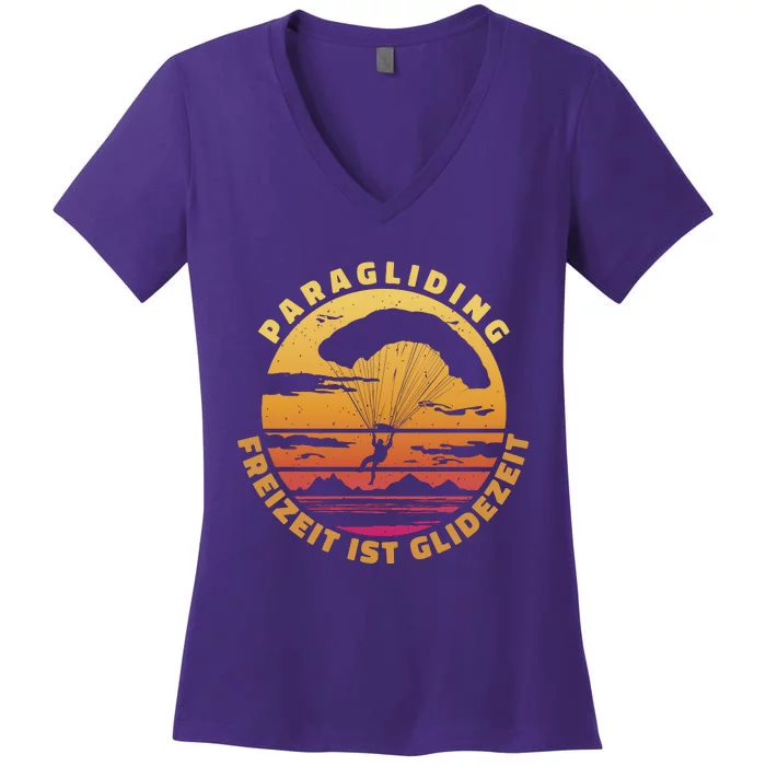 Paraglider Silhouette Retro Sunset Women's V-Neck T-Shirt