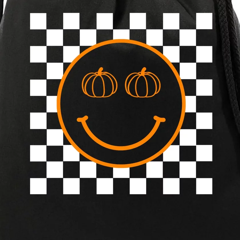 Pumpkin Smiley Retro Checkered Drawstring Bag