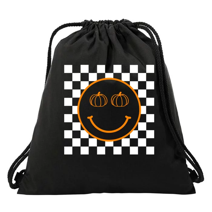 Pumpkin Smiley Retro Checkered Drawstring Bag