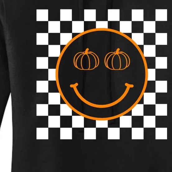 Pumpkin Smiley Retro Checkered Women's Pullover Hoodie