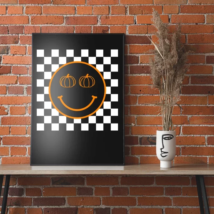 Pumpkin Smiley Retro Checkered Poster