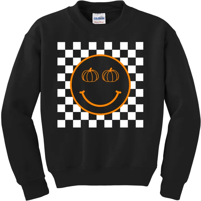 Pumpkin Smiley Retro Checkered Kids Sweatshirt