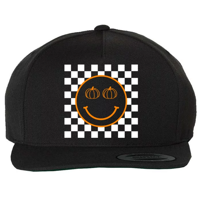 Pumpkin Smiley Retro Checkered Wool Snapback Cap