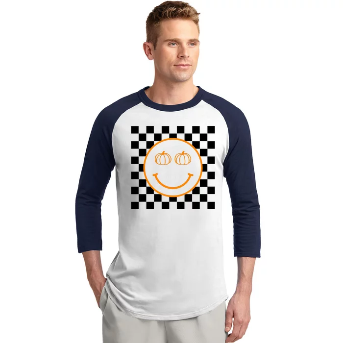 Pumpkin Smiley Retro Checkered Baseball Sleeve Shirt