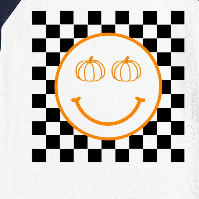 Pumpkin Smiley Retro Checkered Baseball Sleeve Shirt