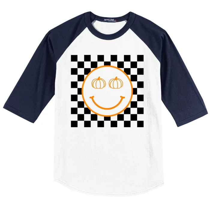 Pumpkin Smiley Retro Checkered Baseball Sleeve Shirt