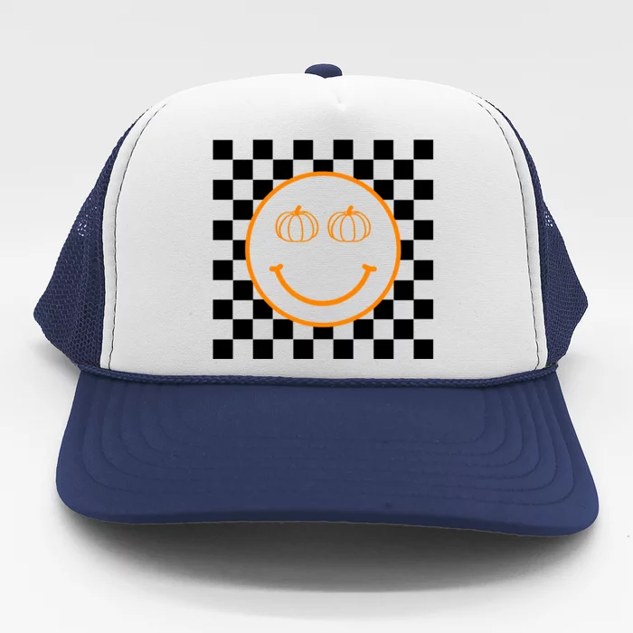 Pumpkin Smiley Retro Checkered Trucker Hat