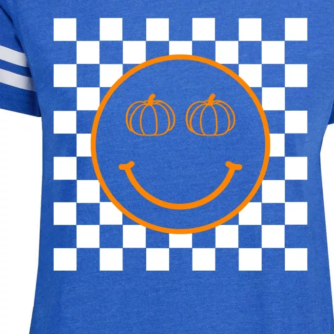 Pumpkin Smiley Retro Checkered Enza Ladies Jersey Football T-Shirt