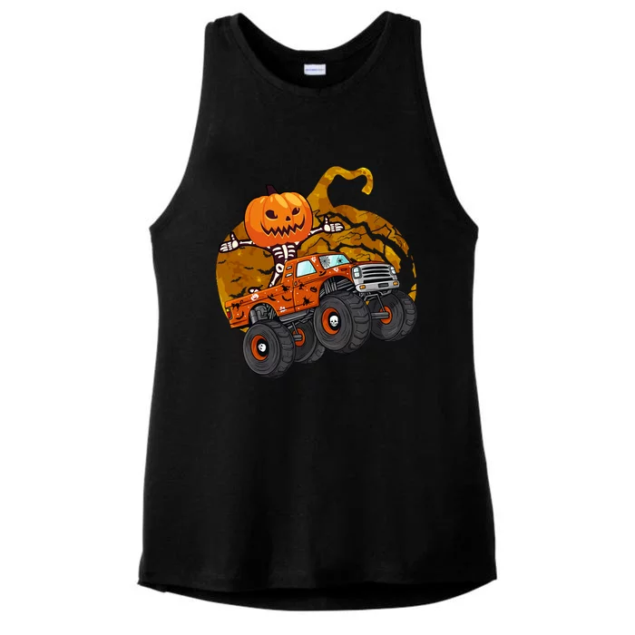 Pumpkin Skeleton Riding Monster Truck Halloween Great Gift Ladies Tri-Blend Wicking Tank