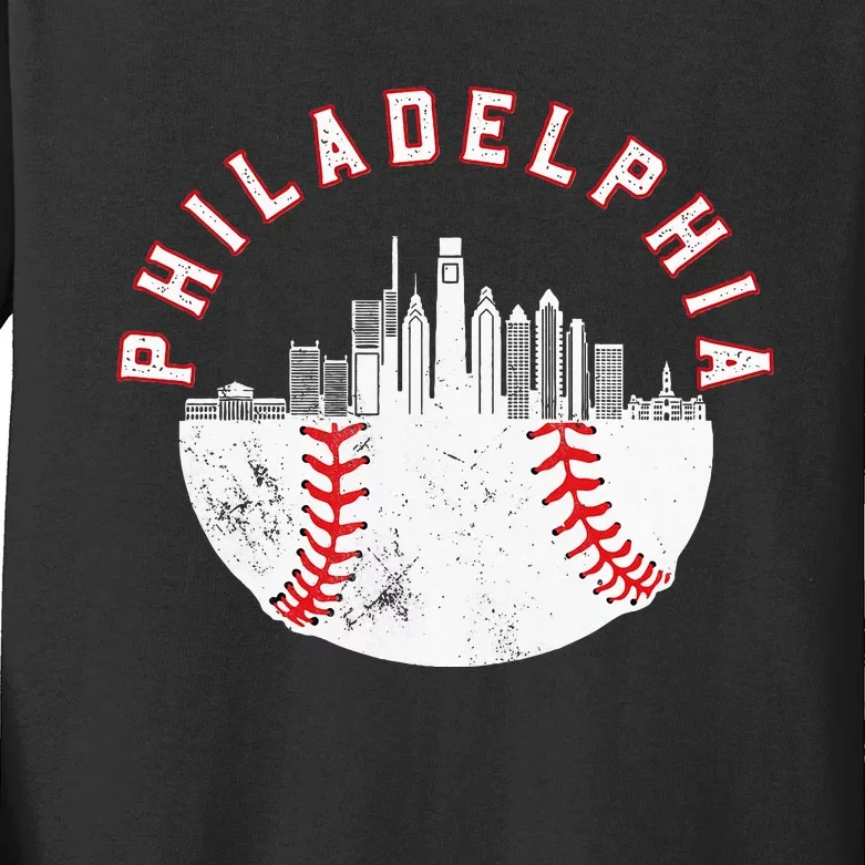 Philadelphia Skyline Retro P.H.I.L.L.Y Cityscape Kids Long Sleeve Shirt