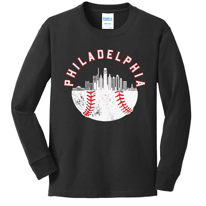 Philadelphia Skyline Retro P.H.I.L.L.Y Cityscape Kids Long Sleeve Shirt